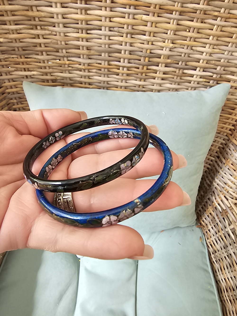 Hand-Painted Floral Cloisonné Bangle Bracelets — Blue & Black